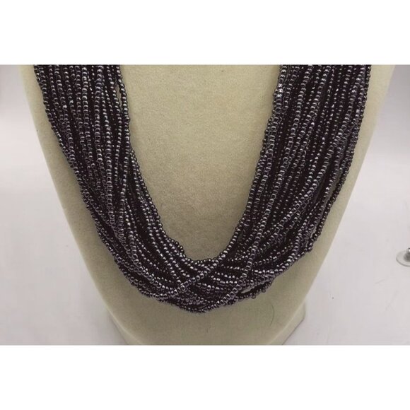 Vintage Multi-Strand Layered Seed Bead Necklace - Black With Purple Hue - Adjust - Picture 2 of 4